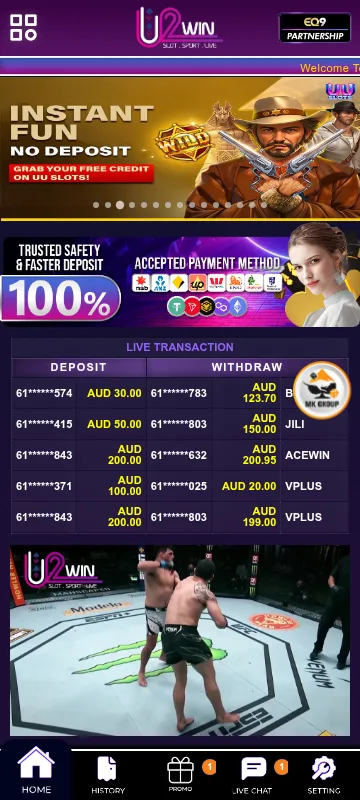 U2win Casino mobile browser view