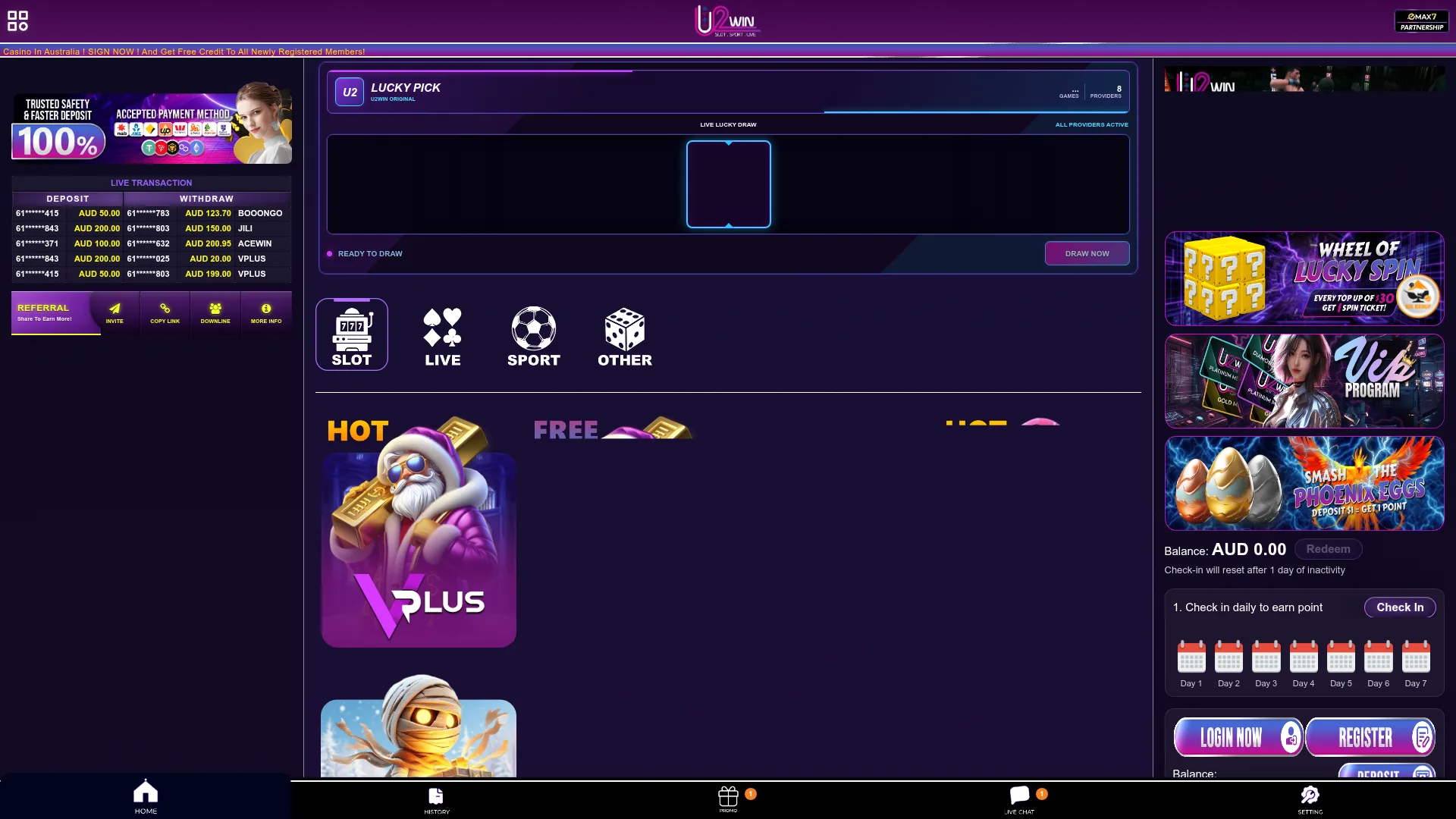 U2win Casino desktop browser view
